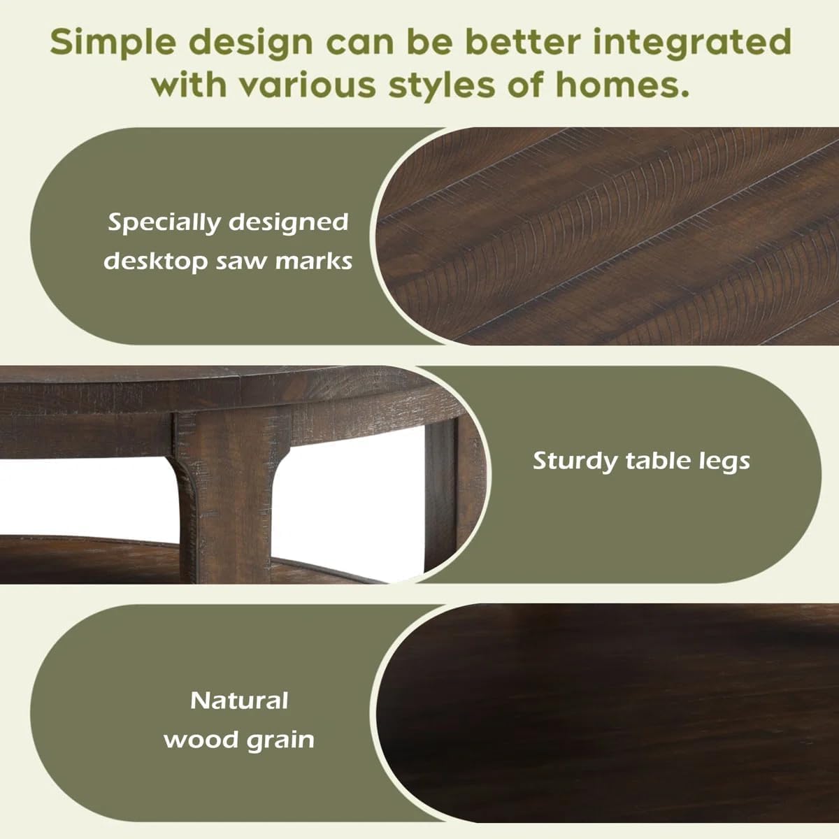 40' Round Coffee Table with Wheels, 2 Tier Solid Wood Center Coffee Tables, Retro Farmhouse Circle End Table for Living Room Apartment Office (Dark Brown)