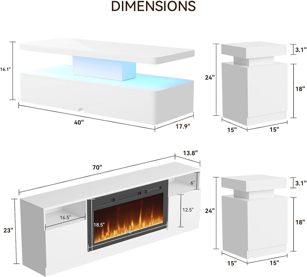 MXV 4-Piece Living Room Table Set Includes A 70'' Modern Fireplace TV Stand with 36'' Electric Fireplace, A 40'' Coffee Table and 2 Side Tables with Storage Space for Living Room, Bedroom, White