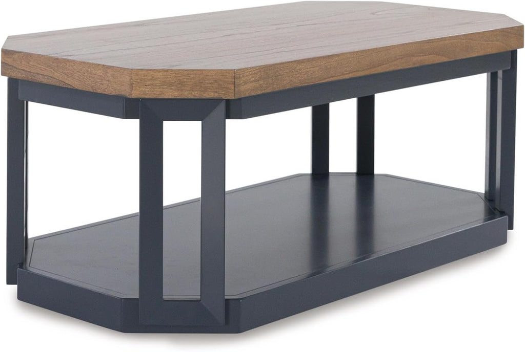 Signature Design by Ashley Landocken Contemporary Occasional Table Set with Open Shelves and Casters, Set of 3, Light Brown & Blue