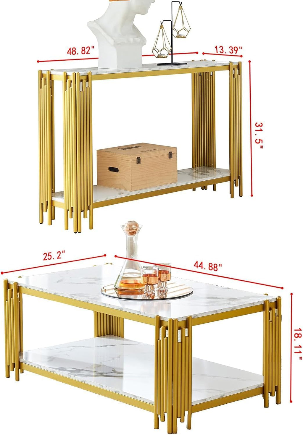 White Marble Coffee Table Set of 2, Faux Marble Coffee Tables and Gold White Console Table with Chrome Metal I-Base, Luxury Marble 2 Piece Living Room Table Set for Bedroom Home Office