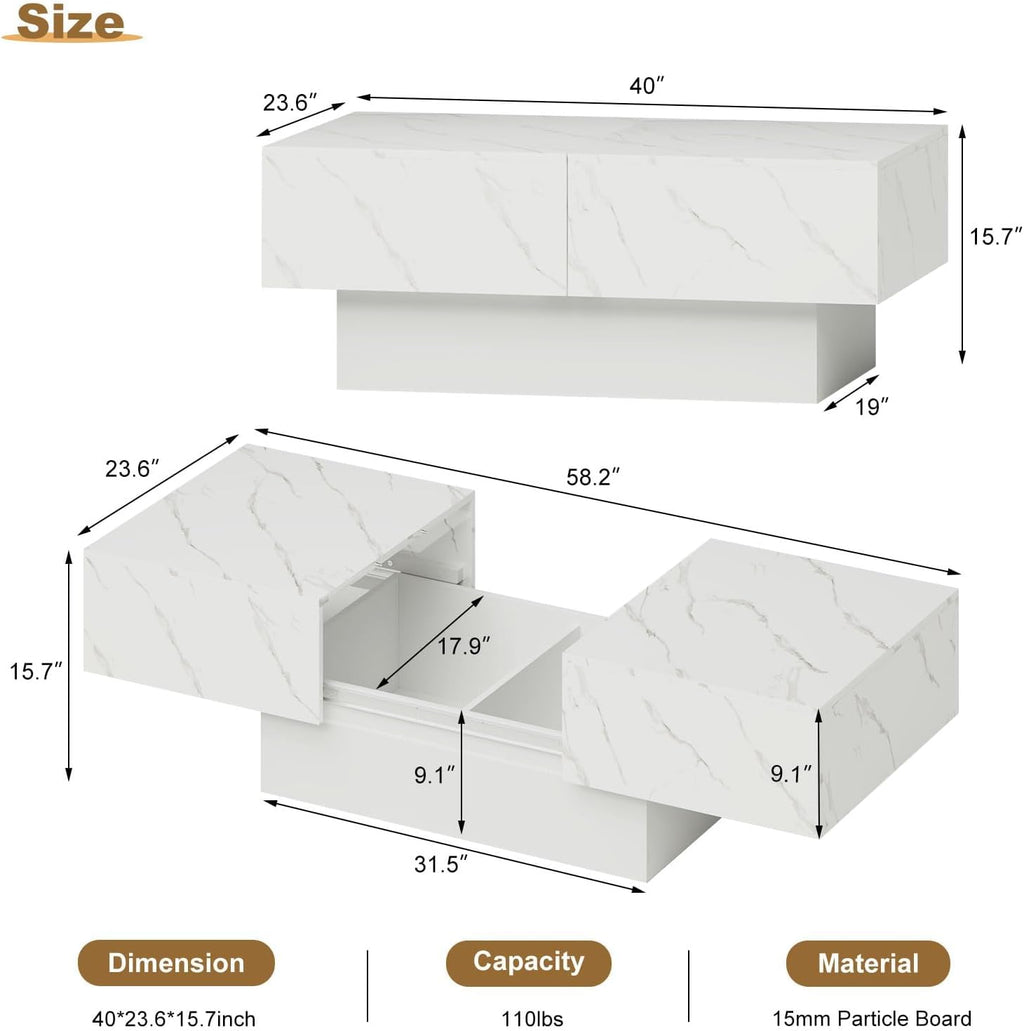 HedoAjim White Marble LED Coffee Table with Storage for Living Room, Living Room Table Rectangular Center Table, Modern High Glossy Wooden Coffee Tables for Dining Reception Room
