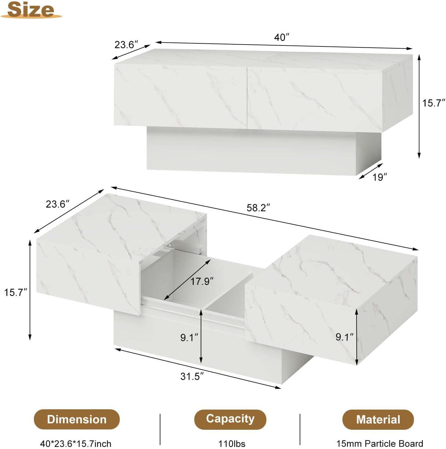 HedoAjim White Marble LED Coffee Table with Storage for Living Room, Living Room Table Rectangular Center Table, Modern High Glossy Wooden Coffee Tables for Dining Reception Room
