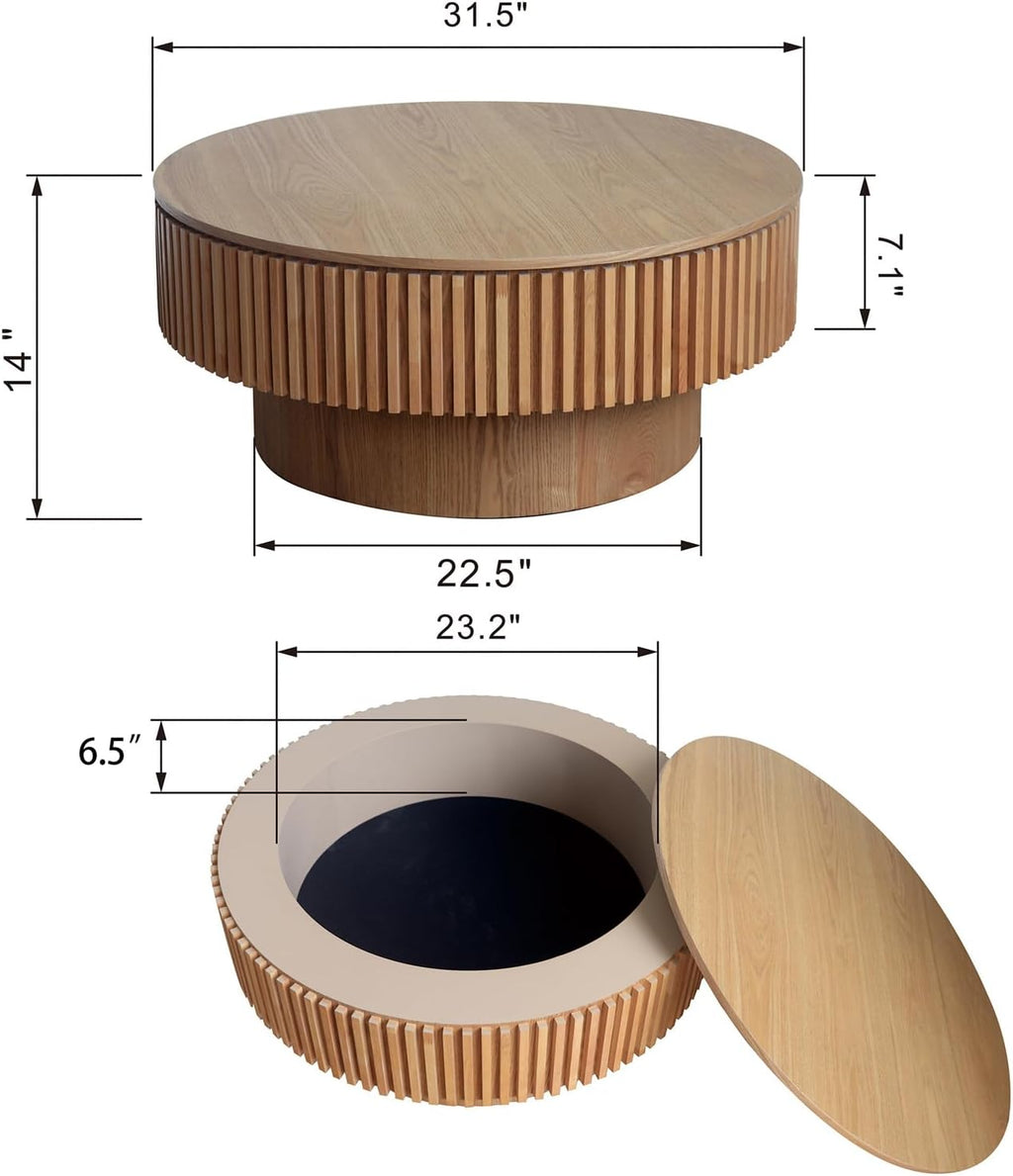 31.5'' Round Coffee Table for Living Room, Fluted Coffee Table with Hidden Storage, Solid Wood Circle Table, Modern Tea Table for Small Space Apartment-Natural Wood 31.5''D×14''H