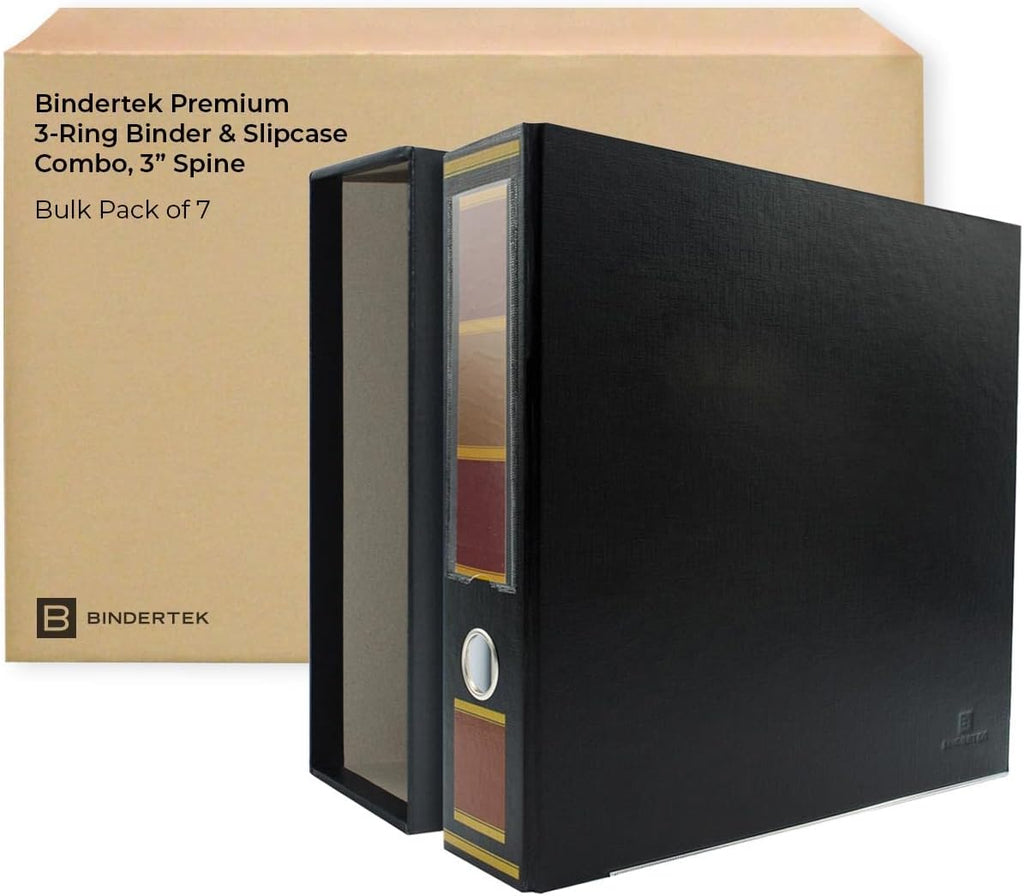 3-Ring Premium Binder & Slip Case Combo, Pack of 7 - Barrister Black, 3' Spine Width, 525 Sheet Capacity, 2' D-Rings, Linen-Textured Covers, Steel Reinforced Edges by Bindertek
