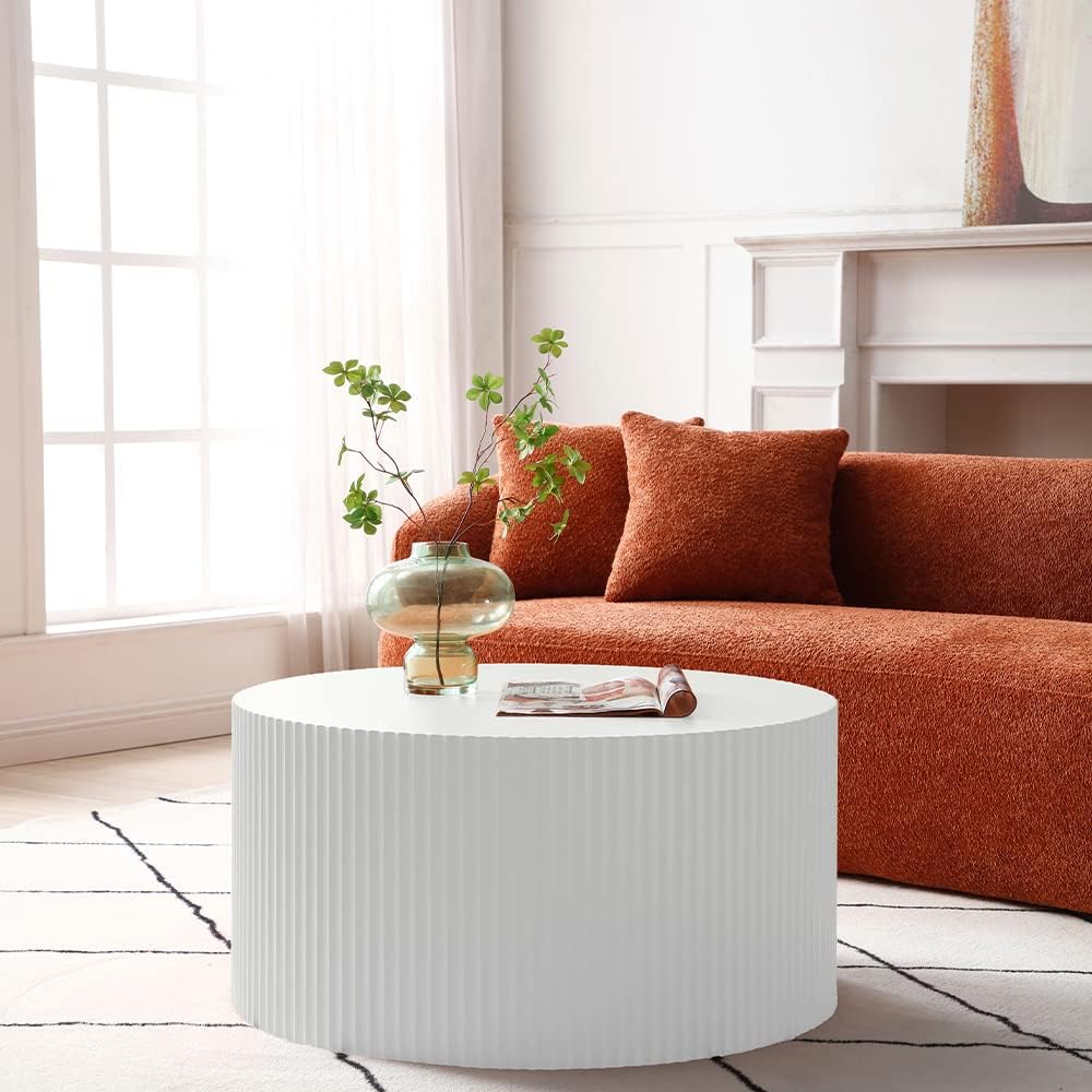 Nesting Coffee Table Set of 2, Modern Round Coffee Table End Table Set for Living Room, Wood Circle Drum Side Table,White