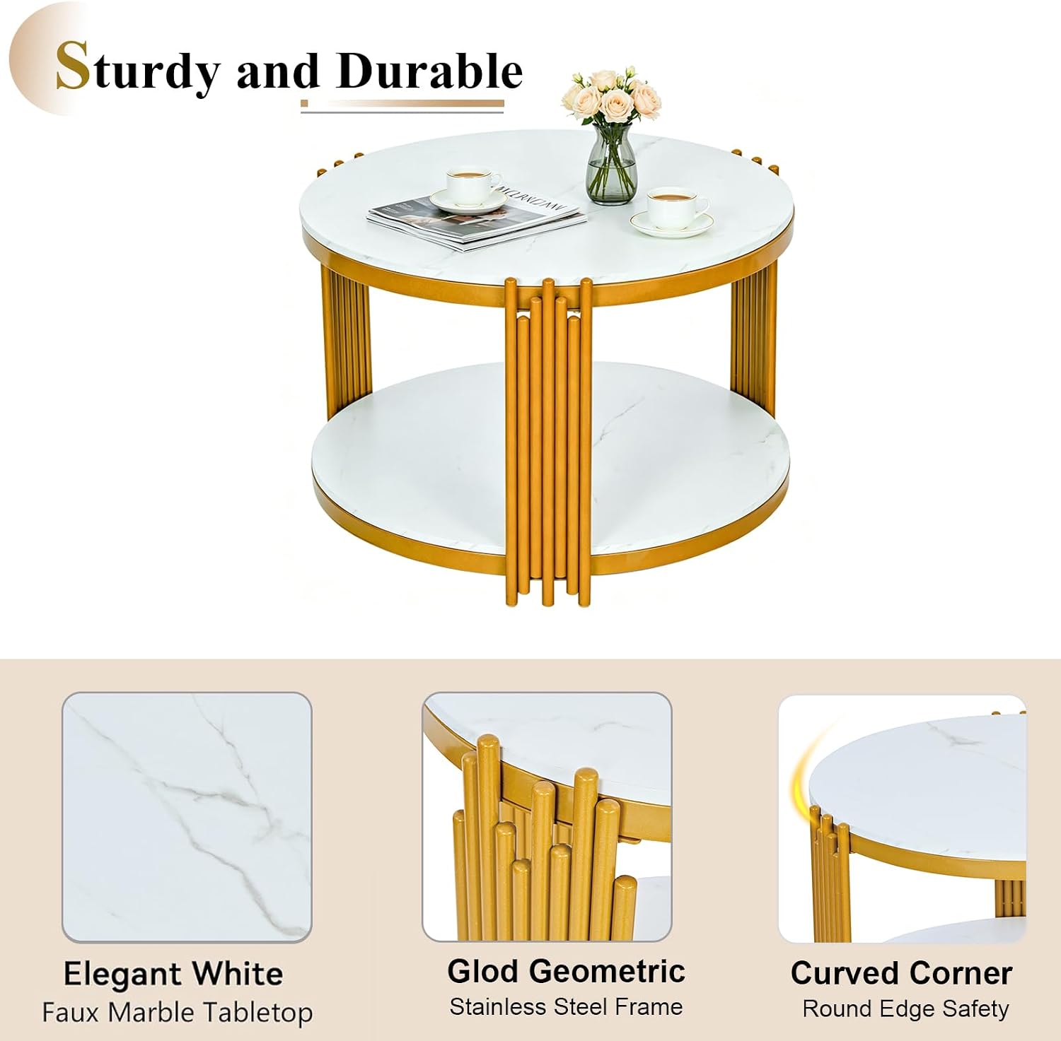 Round Marble Coffee Table Luxury 2-Tier Center Coffee Table with Gold Metal Frame Modern Living Room Table Elegant White Accent Cocktail Tea Table with Storage Shelves