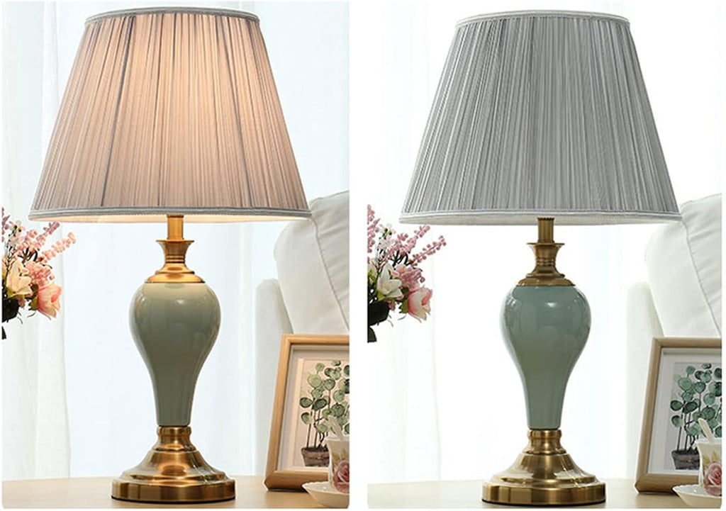 Table Lamp for Bedroom Ceramic Table Lamp Home Bedroom Bedside Lamp with Silver Gray Fabric Lampshade - Modern Lighting Perfect for Nightstands and End Tables Table Top Lamp