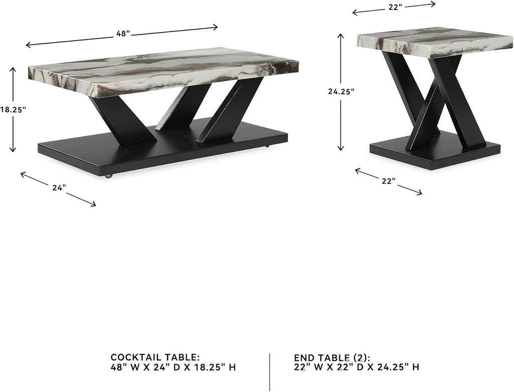Signature Design by Ashley Cendill Contemporary Faux Marble Table with Casters, Set of 3, White & Black