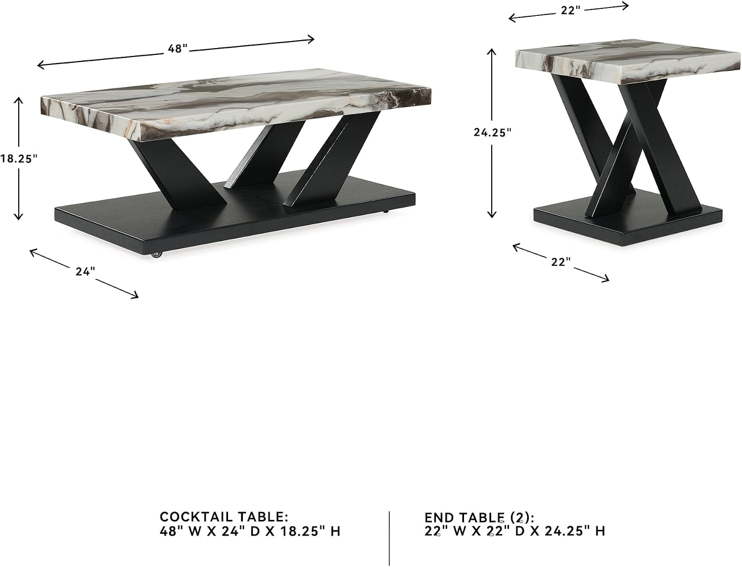 Signature Design by Ashley Cendill Contemporary Faux Marble Table with Casters, Set of 3, White & Black