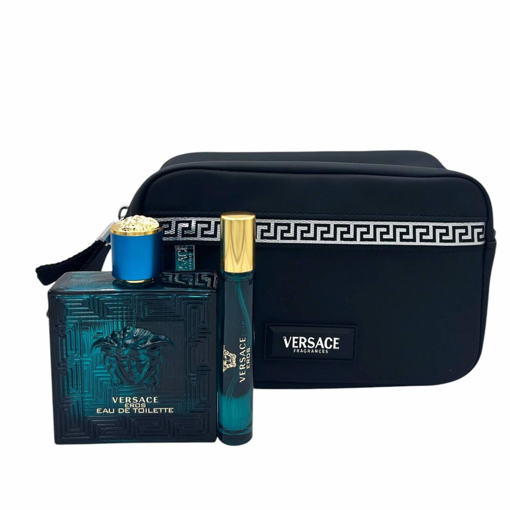 Versace Eros by Versace for Men - 3 Pc Gift Set 3.4oz EDT Spray, 10ml EDT Spray, Blue Trousse