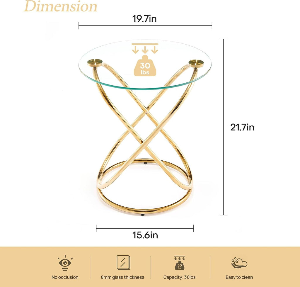 BECHAEO 19.7' Round Glass Gold Side Table Set of 2 with Gold-Plated Metal Ring-Shaped Frame for Living Room, Modern Round Glass End Table Nightstand for Bedroom, Small Side Table for Small Spaces