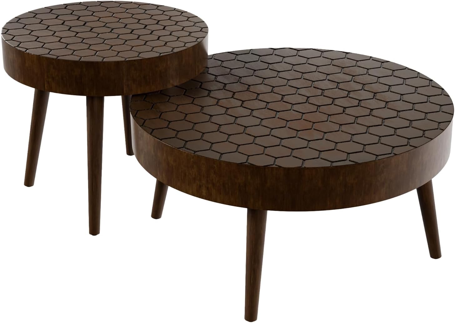 HOMPUS Round Coffee Table, 31.5'' Mid Century Modern Coffee Table Set w Honeycomb Pattern Tabletop, Coffee Table and End Table Set of 2 for Living Room, Easy to Assemble, Brown