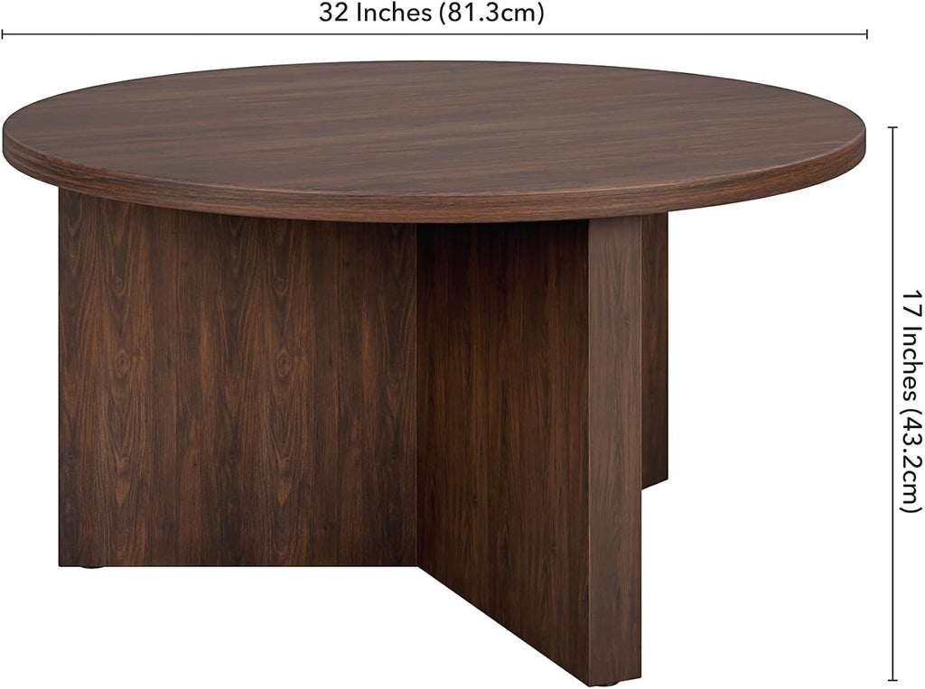 Henn&Hart 32' Round Pedestal Coffee Table for Living Room, Family Room, Office, or Apartment, Rich Brown