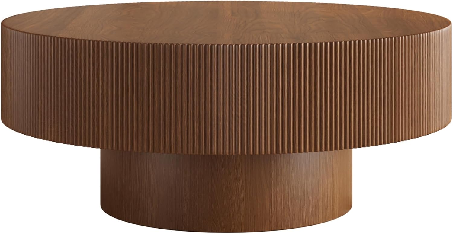 31.5' Round Coffee Table Mid Century Walnut Wood Fluted Coffee Tables for Living Room Circle Drum Center Table Accent Cocktail Tea Living Room Tables for Apartment Home Office