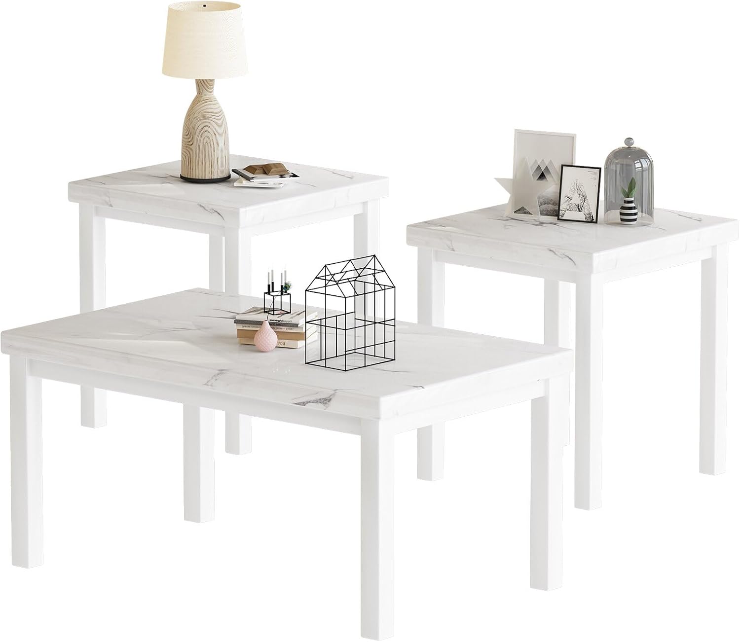 DKLGG Faux Marble Coffee Table Set of 3 Piece, Living Room Table Set Coffee Table & 2pcs End Table with Metal Frame Sofa Side Tables Perfect for Living Room Apartment Accent Furniture