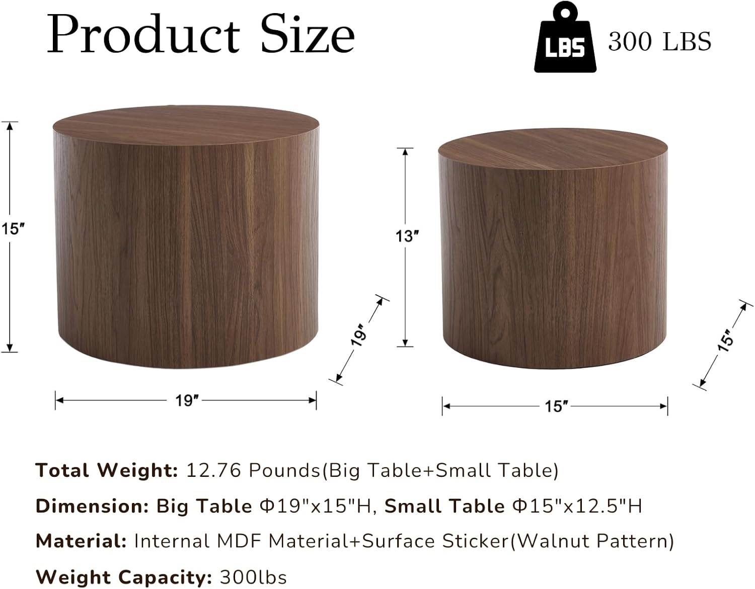 EALSON Nesting Coffee Tables Set of 2 Farmhouse Small Round End Tables Modern Wood Circle Side Table Drum Table for Living Room Small Spaces Bedroom Balcony, No Assembly, Walnut