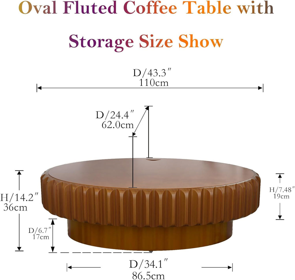 43.3' Oval Drum Coffee Table - Handcraft Solid Wood Edge Stripe Rustic Chic Fluted Tea Table with with Storage for Small Space Apartment (E 43.3in)