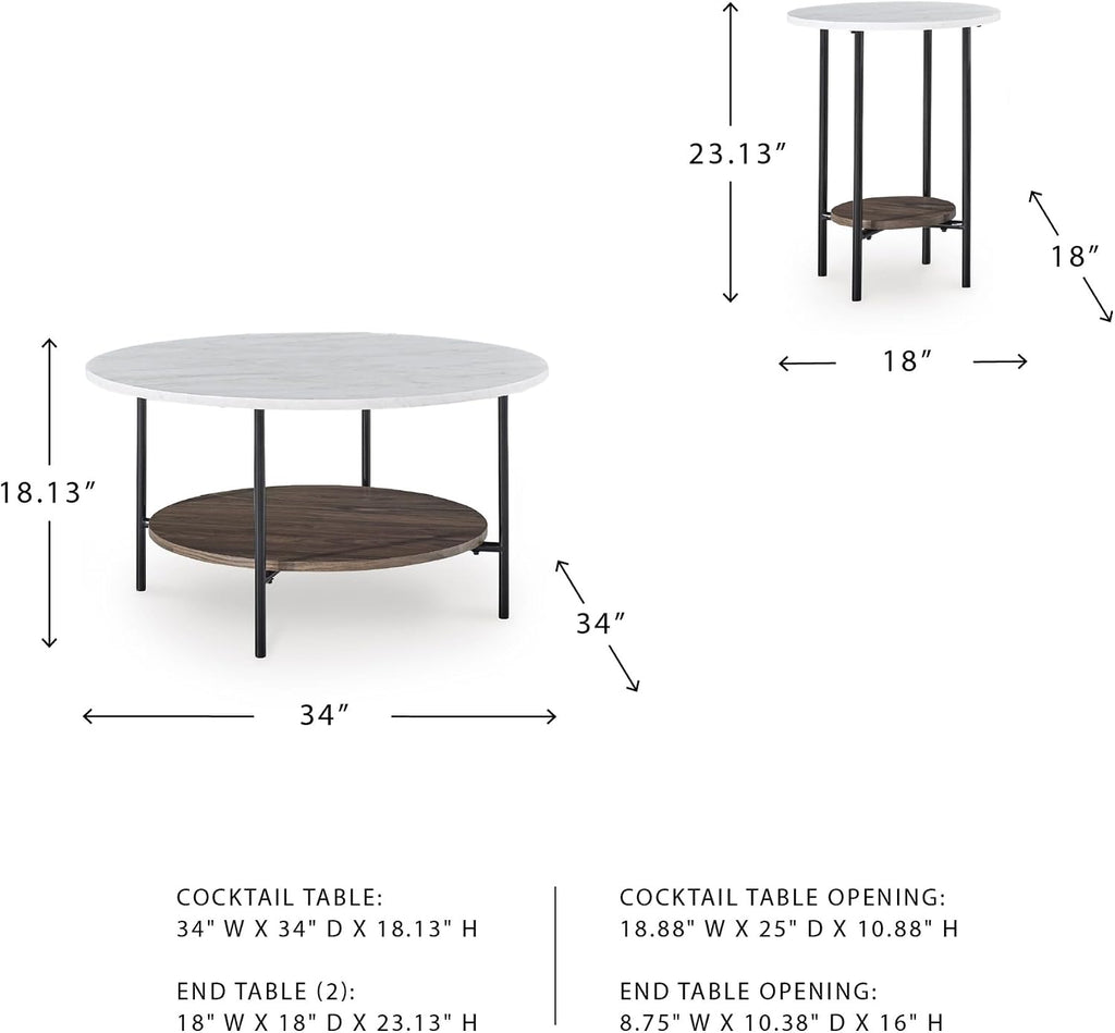 Signature Design by Ashley Wrenwich Contemporary Faux Marble Table with Shelf, Set of 3, Dark Brown & White