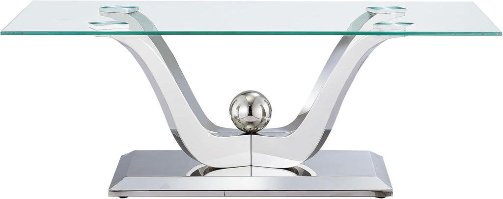 Mid Century Modern Coffee Table, Rectangle Silver Coffee Table, Tempered Glass Top & Flower Shape Stainless Steel Base, Minimalist Center Cocktail Sofa Side Table Glass Coffee Table for Living Room