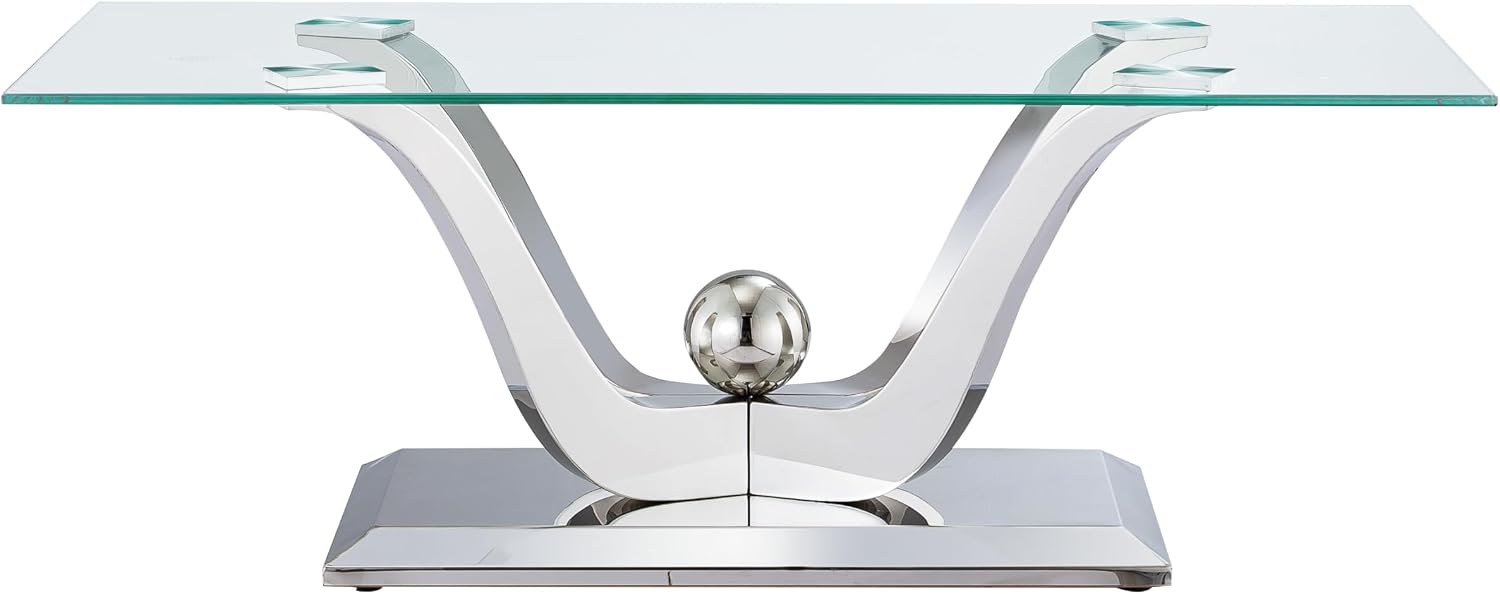 Mid Century Modern Coffee Table, Rectangle Silver Coffee Table, Tempered Glass Top & Flower Shape Stainless Steel Base, Minimalist Center Cocktail Sofa Side Table Glass Coffee Table for Living Room