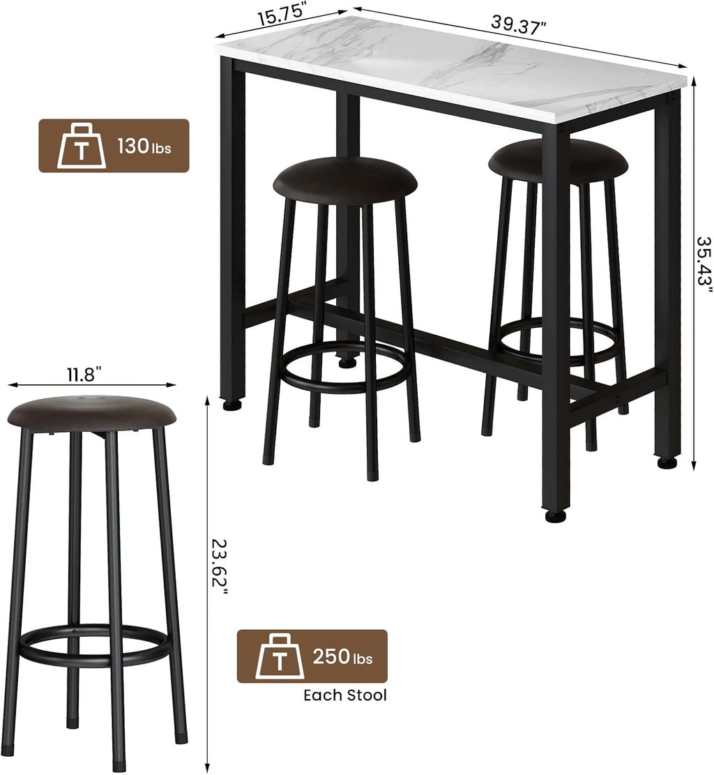AWQM 39.3' Bar Table Set of 2,Faux Marble Pub Height Table and Chairs Set of 2 with Upholstered Stools,3 Piece Bar Table and Chairs Set Dining Table Set for Living Room,Kitchen,Bar,White & Brown