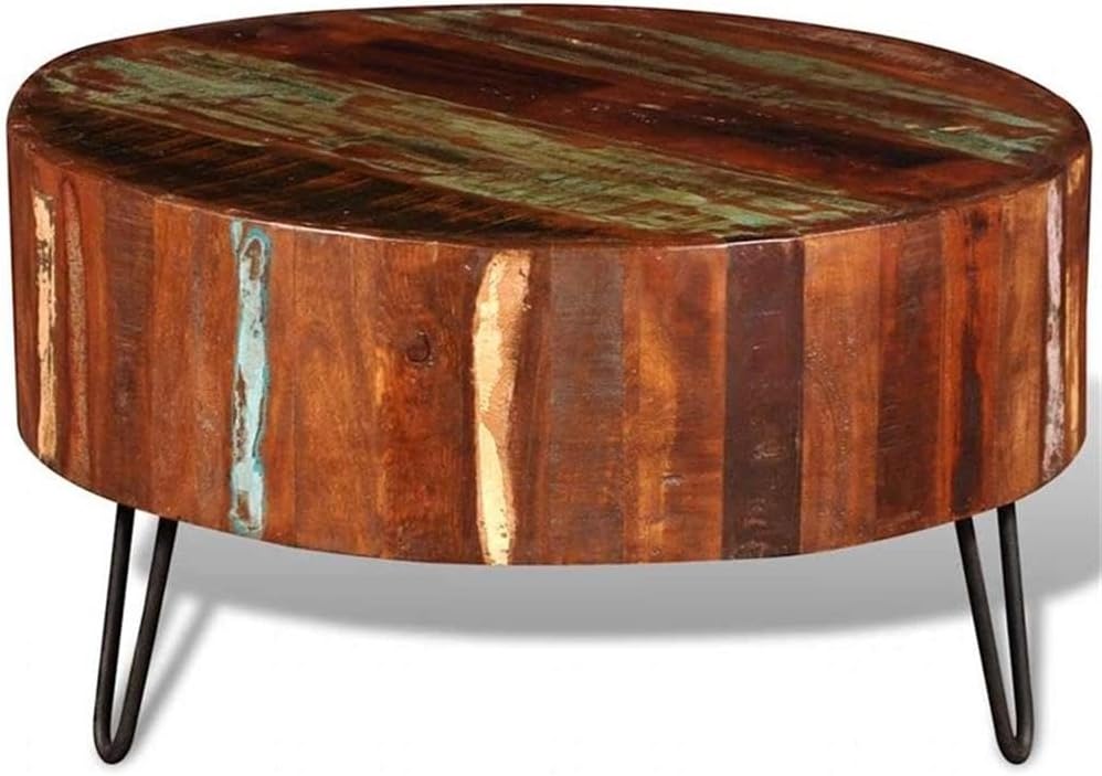 BOWERY HILL 27.6' Round Coffee Table, Solid Reclaimed Wood, Multicolor Finish, Handcrafted Rustic Design, Compact Living Room Accent Table, Durable Polished Surface for Drinks and Decor