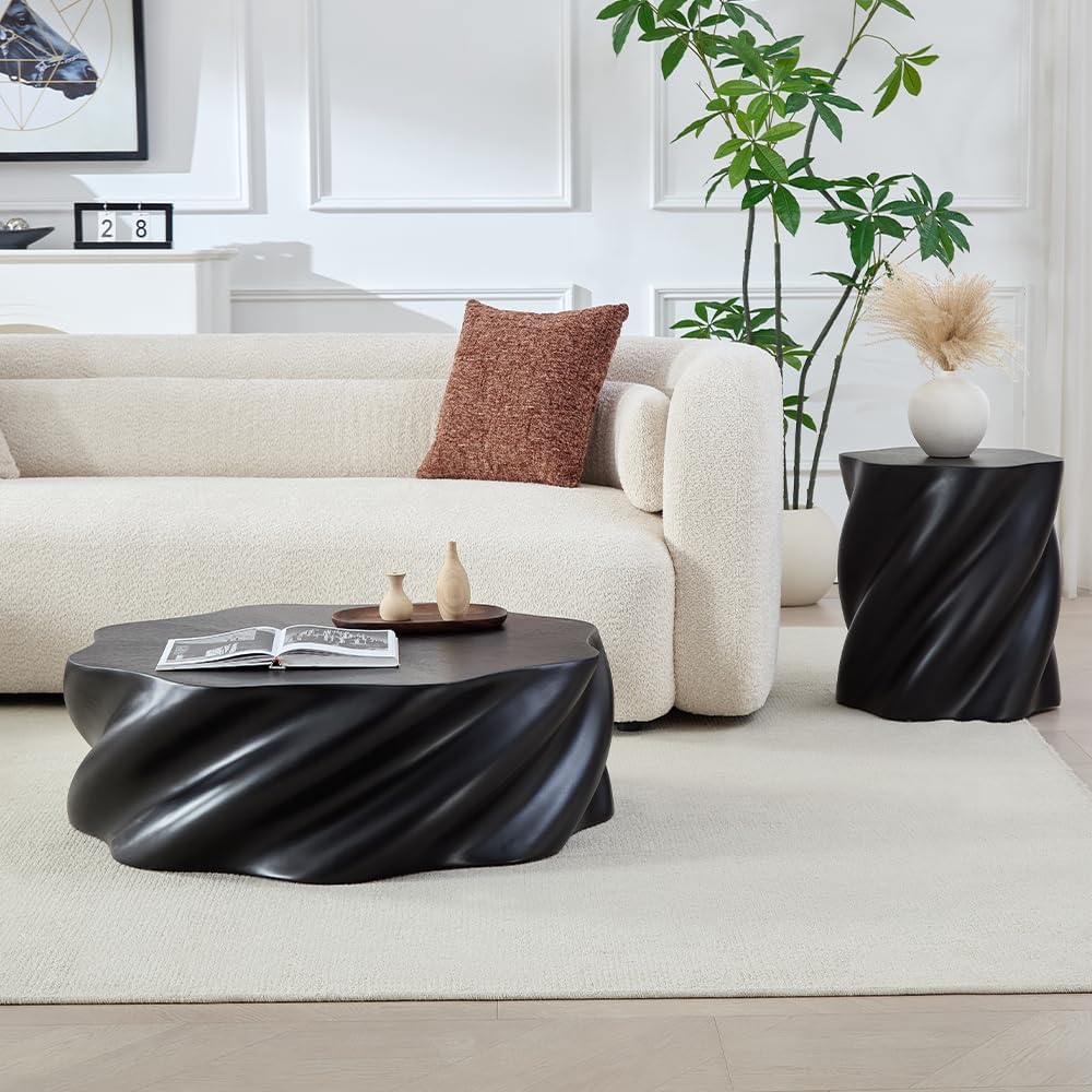 WILLIAMSPACE 35.43' Coffee Table with Flower Shaped, Modern Drum Center Table Fiberglass Faux Stone Tea Table for Living Room Apartment, No Assembly (Black)