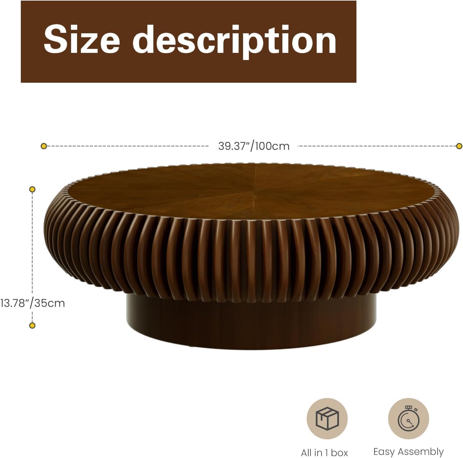 Round Drum Coffee Table Modern Coffee Tables Fluted Coffee Table Circle Center Table Pedestal End Table for Living Room Bedroom(Walnut 39.4in)