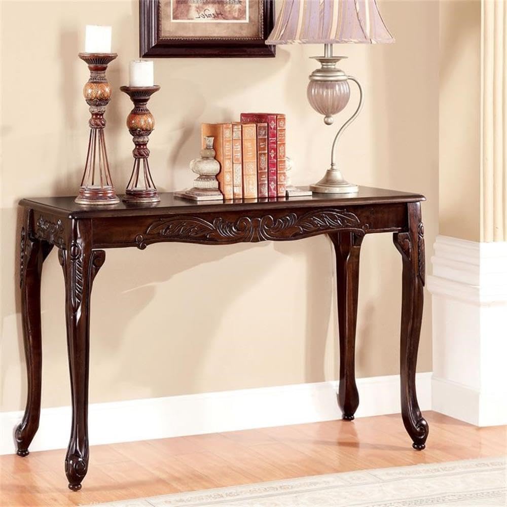 BOWERY HILL Traditional Solid Wood Coffee Table Set, 4-Piece, Dark Cherry Finish, Rectangle Shape, Cabriole Legs, Intricate Scrollwork Design for Living Room or Family Room Use
