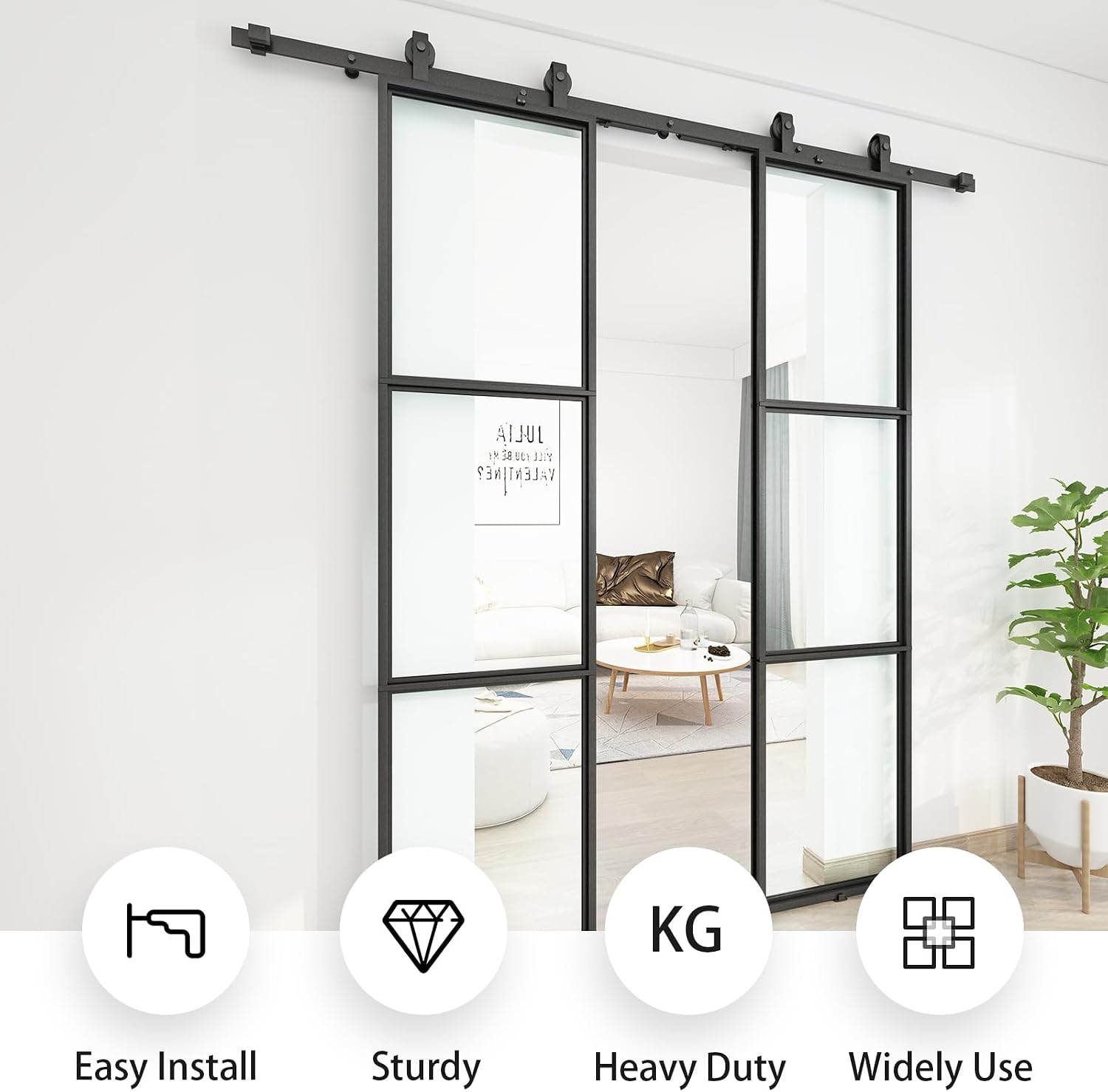 JUBEST 42 x 84 Inch Double Barn Door with 7FT Hardware Kit and Soft Close Mechanism Include, 2 Sets of 21in x 84in 3-Paneled Clear Glass with Carbon Steel Frame Barn Door, Easy to Install