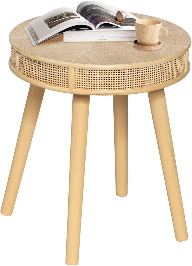 RUSTOWN 2-Piece Farmhouse Coffee Table, Modern Rustic Sofa Side Tea Tables, Solid Wood Finish with Crafted Rattan Side and End Table Sets for Living Room (Natural)