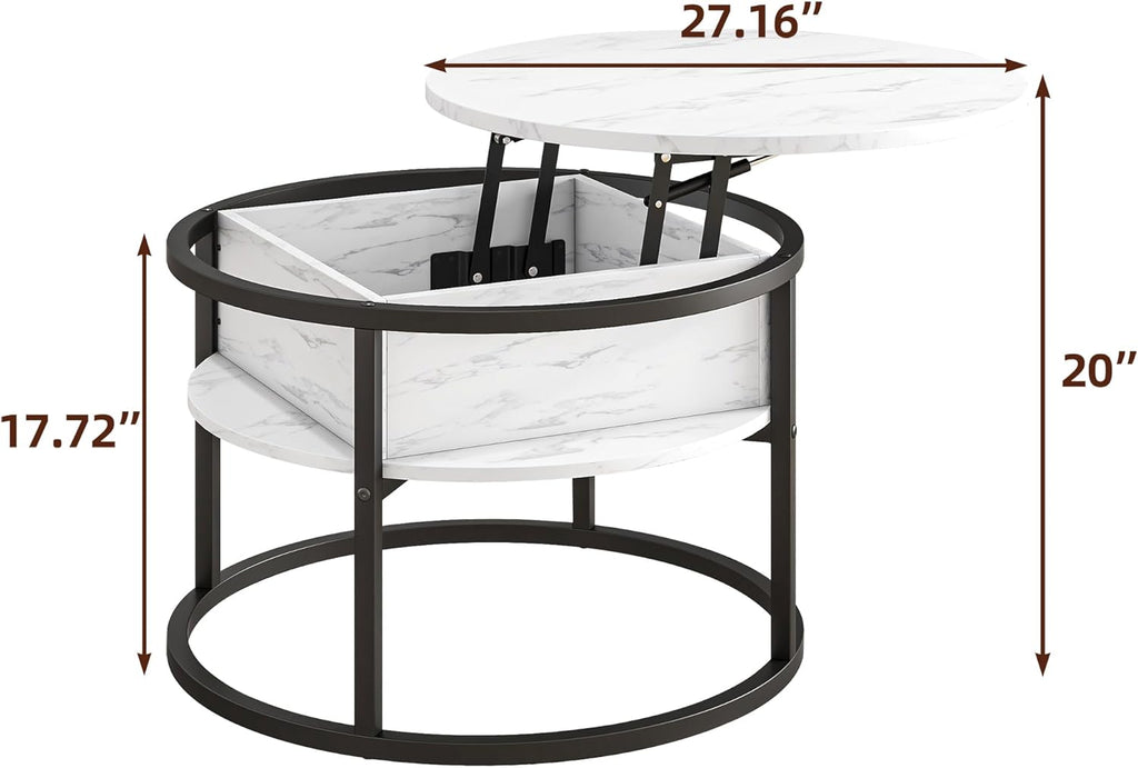 HOJINLINERO Round Coffee Table with Storage, Lift Top Coffee Table with Hidden Compartment, Farmhouse Juxing Design for Living Room, 2-Tier Small Round Dining Center, White