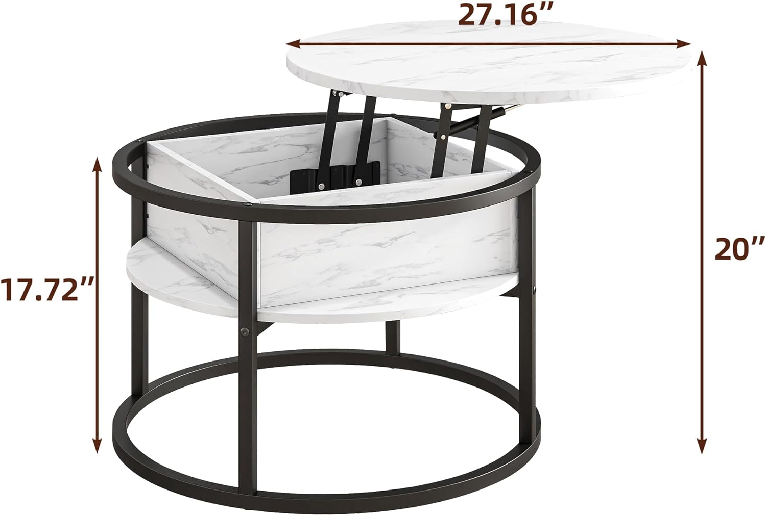 HOJINLINERO Round Coffee Table with Storage, Lift Top Coffee Table with Hidden Compartment, Farmhouse Juxing Design for Living Room, 2-Tier Small Round Dining Center, White