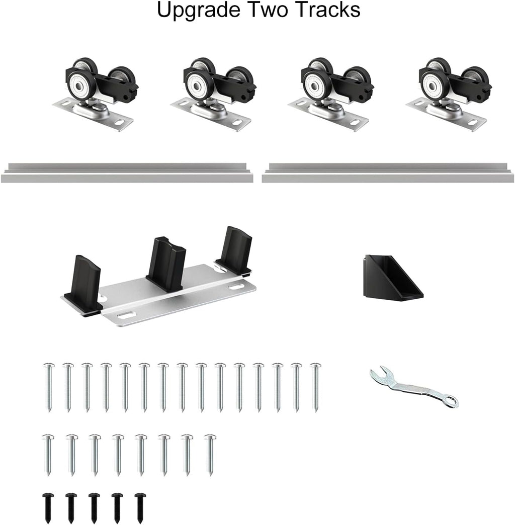 Heavy Duty Double Bypass Sliding Closet Door Track Kit Hardware 96'/8FT Aluminium Alloy Track Rail Set,for 2 Door System,Smoothly and Quietly,Silver