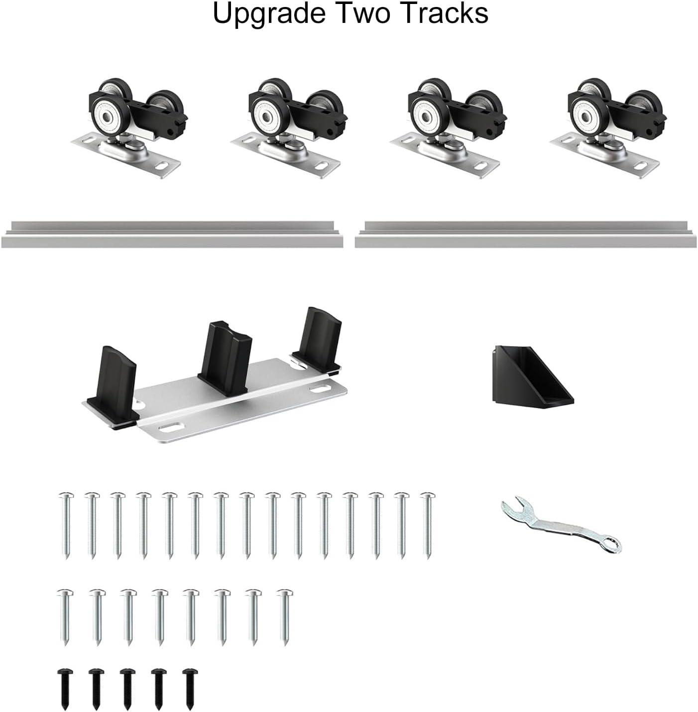 Heavy Duty Double Bypass Sliding Closet Door Track Kit Hardware 96'/8FT Aluminium Alloy Track Rail Set,for 2 Door System,Smoothly and Quietly,Silver