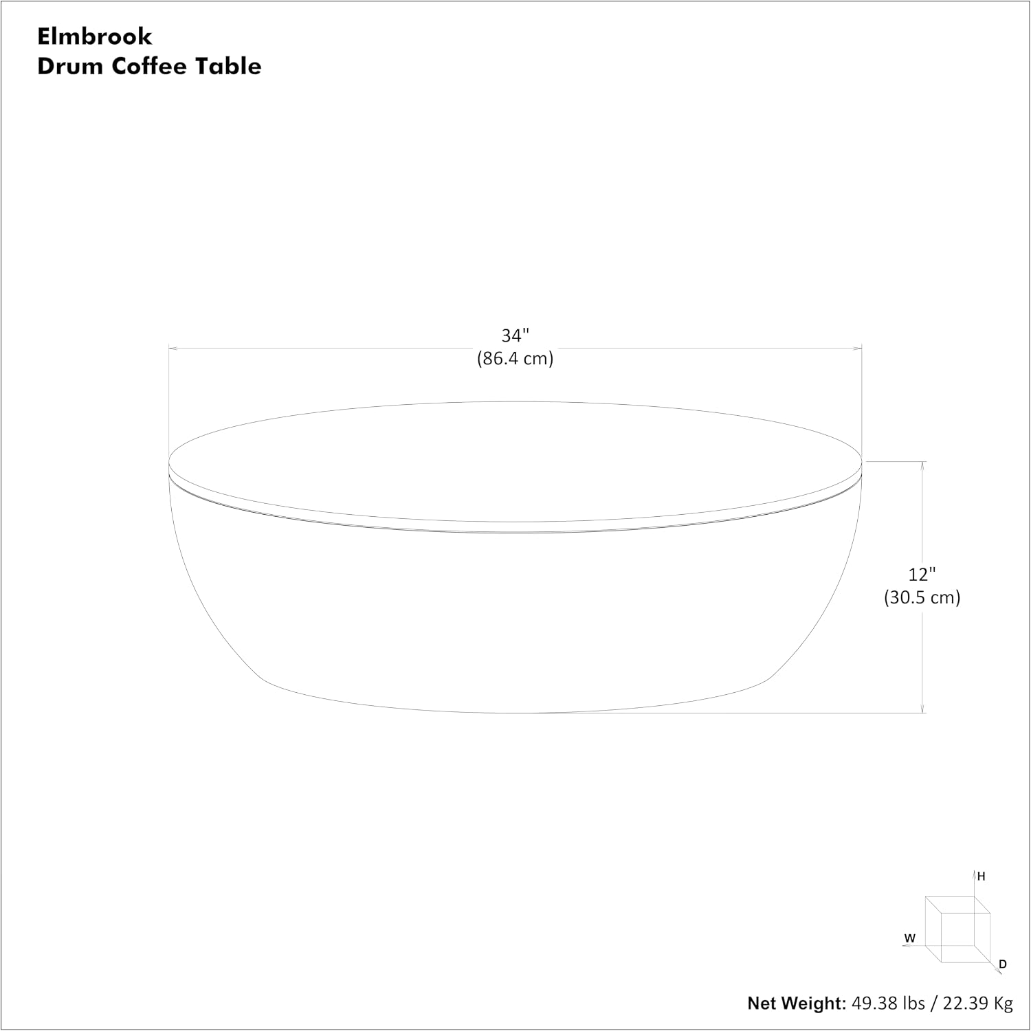 SIMPLIHOME Elmbrook Coffee Table - 34' Wide x 12' High Solid Mango Wood Modern Industrial Round Drum Cocktail Table in Black, Sculptural Living Room Table with Low Profile Design, Assembled