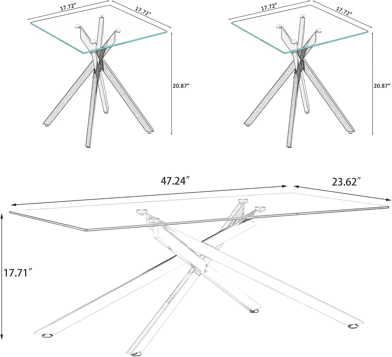 Glass Coffee Table Set of 3 Piece, Living Room Tables Set of 3 Pcs, Including 1 Coffee Table and 2 End Side Tables, Metal Frame, Tempered Glass, for Small Space, Apartment (Silver, W47.2' + W17.72')