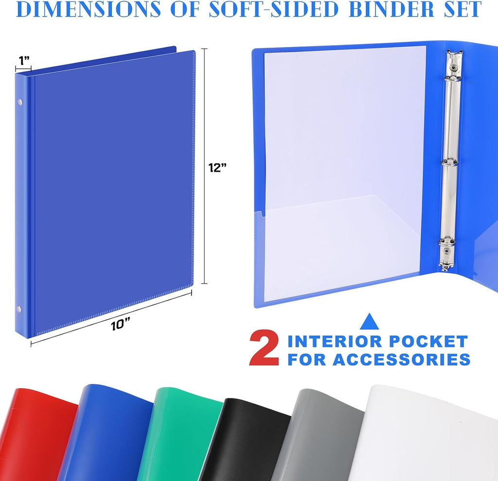 Fulmoon 48 Pack 3 Ring Plastic Binders 1 Inch Bulk with 2 Pockets, Flexible Binder Loose Leaf Hardcover, Fit 12' x 10' US Letter Size Paper, for School Office Home, 6 Colors(Classic)