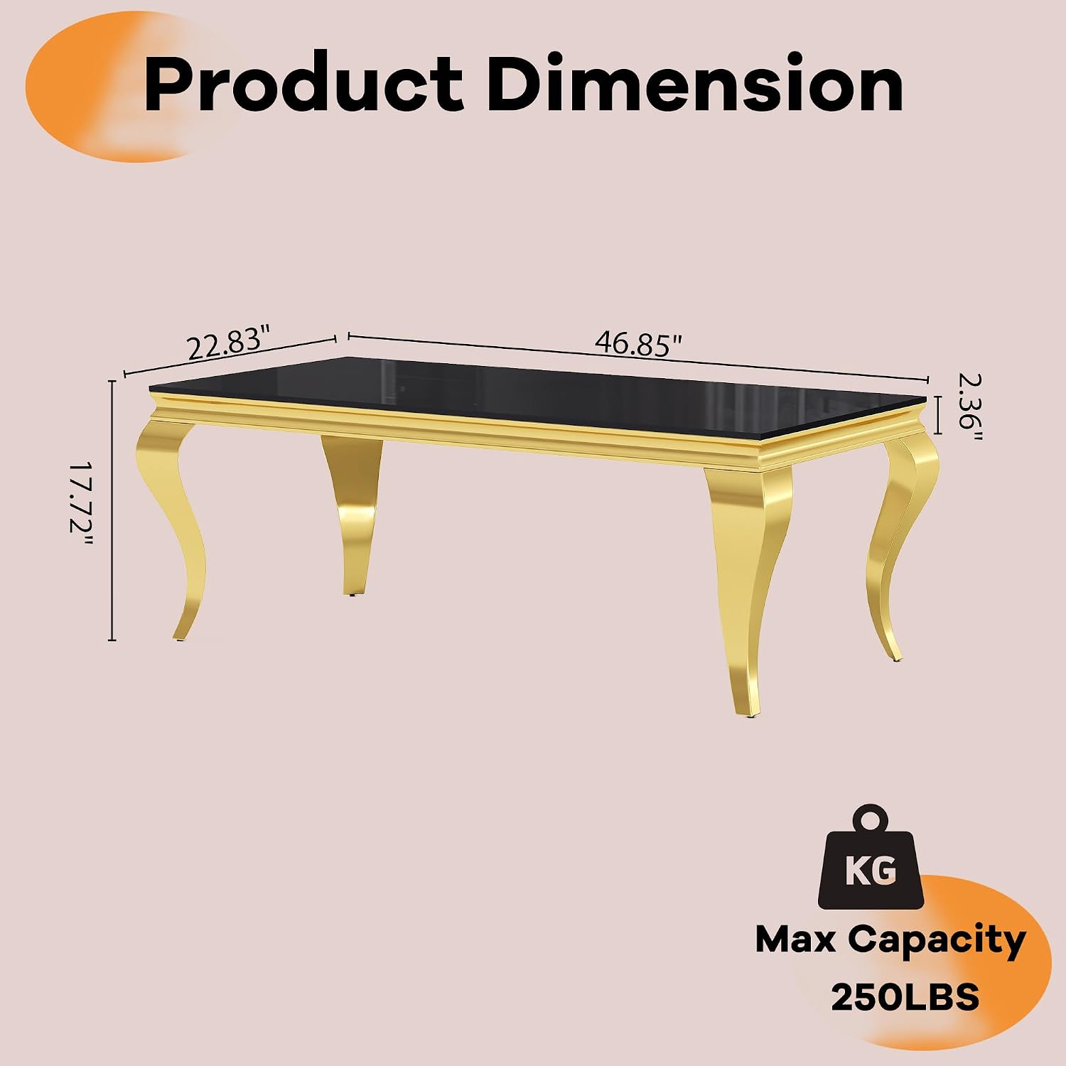 46.8 Inch Glass Coffee Table, Modern Rectangular Center Table with Black Tempered Glass Top and Gold Stainless Steel Legs, for Living Room, Apartment, Home Office
