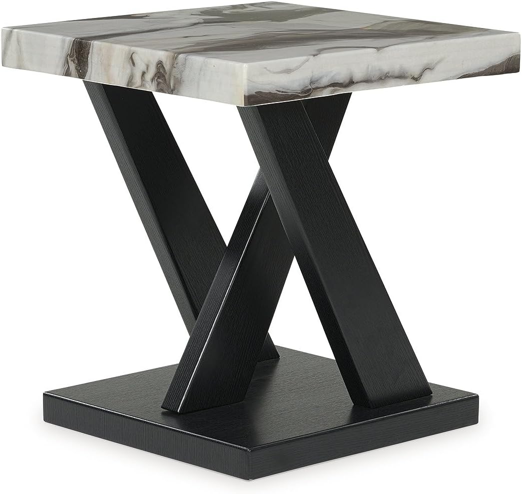 Signature Design by Ashley Cendill Contemporary Faux Marble Table with Casters, Set of 3, White & Black