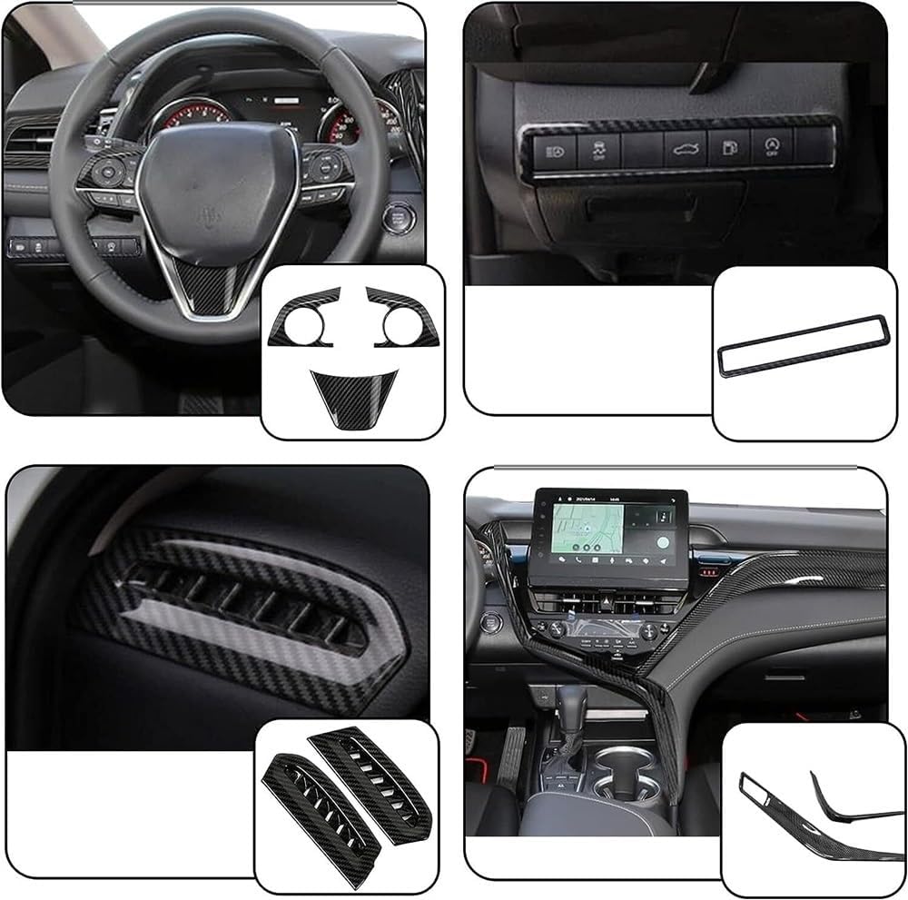 For Toyota Camry LE SE XLE XSE 2021- 2024 Models Carbon Fiber Black plastics ABS Full Set of Car Interiors Instrument Panel Center Console Trim Air Outlet Steering Wheel Cover Car Accessories 9pcs