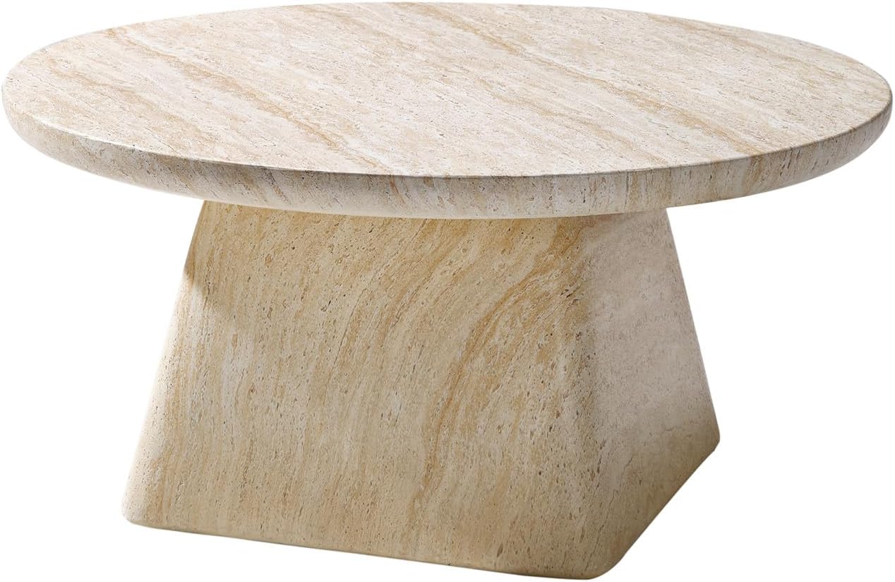 HULALA HOME Modern 31.88' Round Coffee Table with Stone-Look Finish and Sculpted Pedestal Base, Stylish Living Room Center Table(Natural)