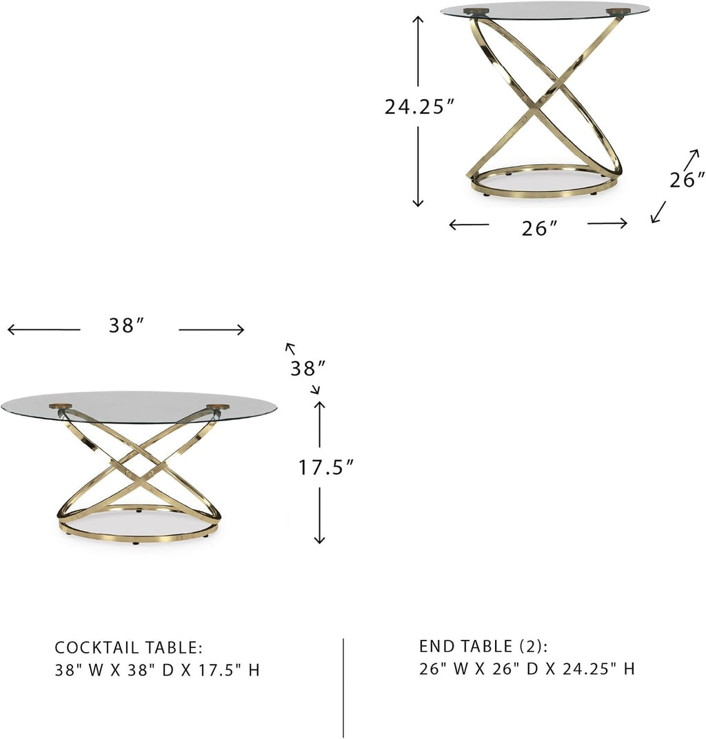 Signature Design by Ashley Crimonti Modern Table with Tempered Glass, Set of 3, Metallic & Clear
