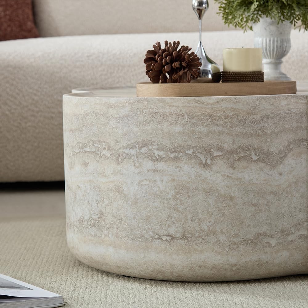 WILLIAMSPACE 31.5' Faux Marble Coffee Table with Four‑Leaf Clover-Shaped, Modern Mars-Pattern Fiberglass Faux Stone Center Table Accent Tea Table for Living Room, No Assembly (Beige)