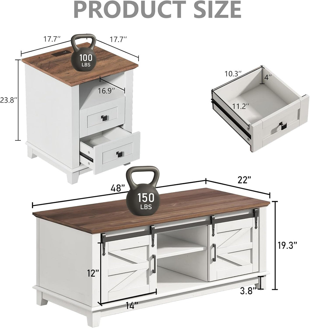 LUXOAK Farmhouse Table Set of 3, Coffee Table with Sliding Barn Doors, End Tables Set of 2 with Charging Station for Living Room & Bedroom, Sliding Barn Doors, 2 Tiers Storage Drawer, Antique White