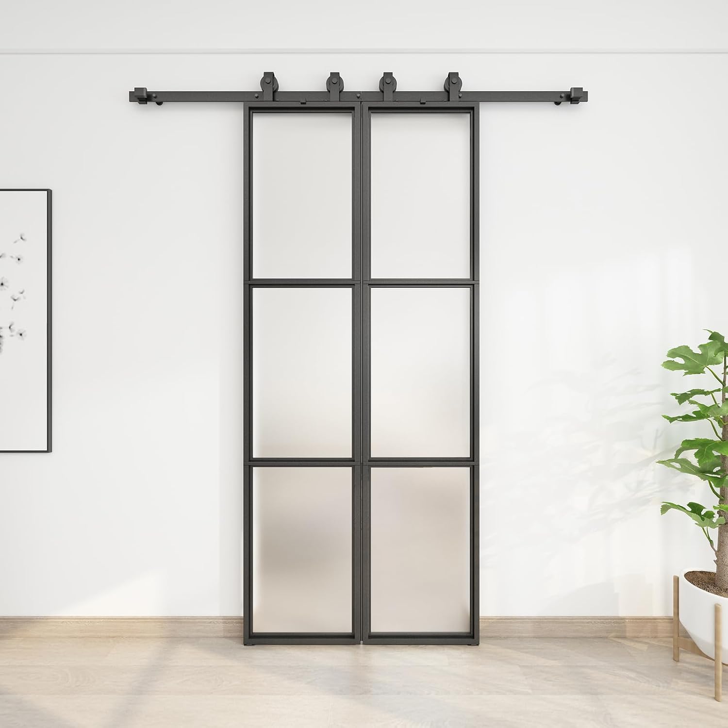 JUBEST 36 x 84 Inch Double Barn Door with 6FT Hardware Kit and Soft Close Mechanism Include, 2 Sets of 18in x 84in 3-Paneled Frosted Glass with Carbon Steel Frame Barn Door, Easy to Install