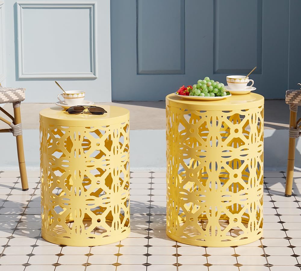HFHOME Set of 3 Metal Outdoor Side Table, Nesting Round Coffee Table for Indoor Outdoor, Heavy Duty End Tables Plant Stand Living Room Garden Stool - Yellow