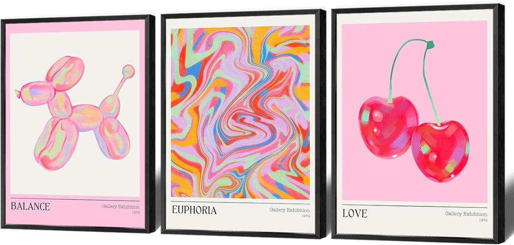 Trendy Set Of 3 Pink Cherry Cute Balloon Dog Posters Preppy Style Room Aesthetic Canvas Wall Art Gradient Aura Fresh Fruit Prints Painting For Home Bedroom Dorm Wall Decor 16X24in Black Frame