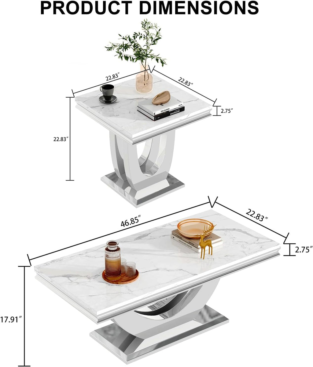 3 Pieces Coffee Table Set, Faux Marble Living Room Table Set of 3, Modern Coffee Table and 2 End Tables with Dual U-Shaped Stainless Steel Base for Living Room (White Silver)