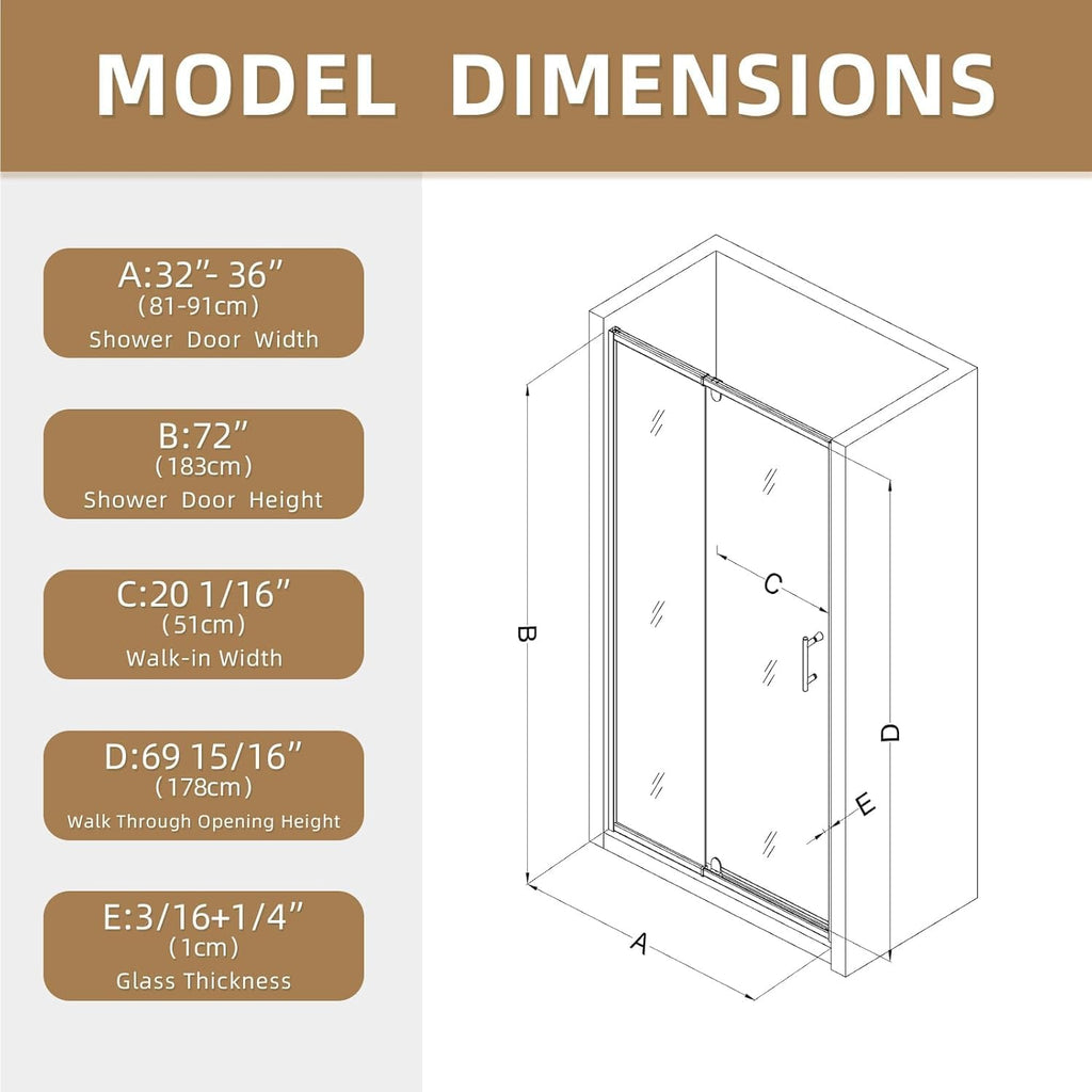 28-32' W x 72' H Pivot Glass Shower Door,Pivot Shower Door with 1/4'(6mm) Clear Glass,Mate Black